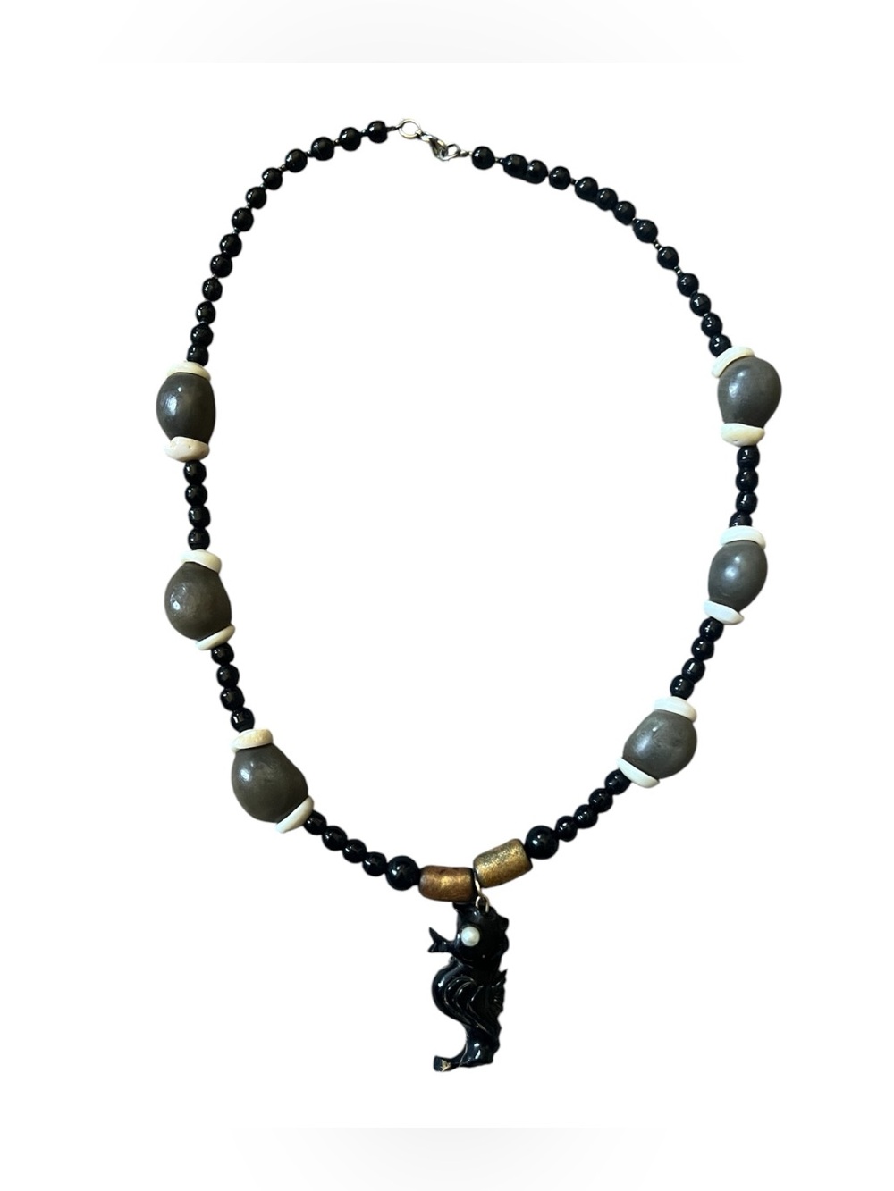 Black and Gray Beaded Necklace with Black Coral Seahorse Pendant
